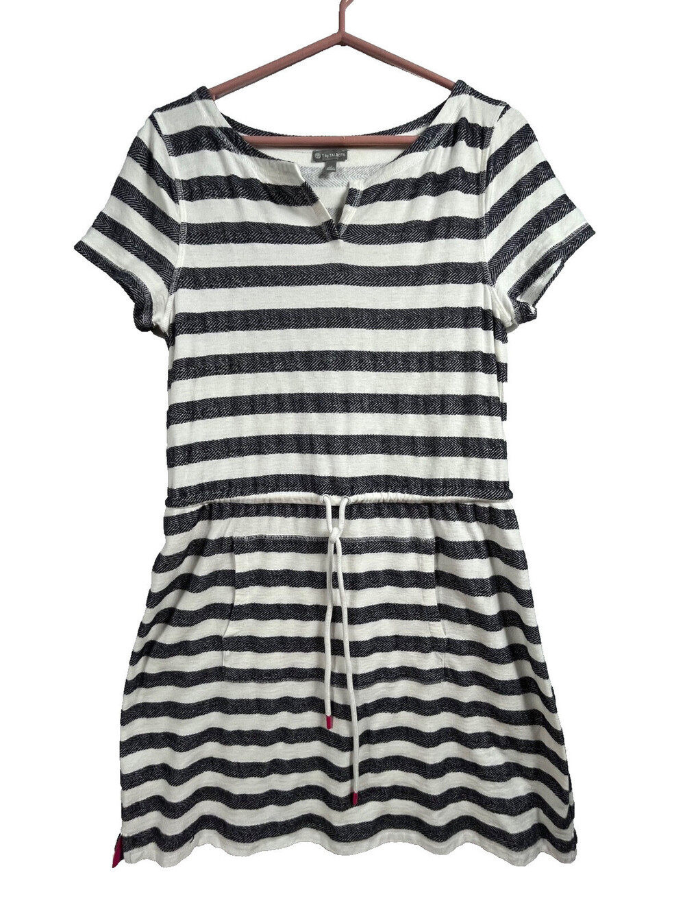 T by Talbots Dress LP Navy White Stripe Drawstring Waist Pockets Cotton Knit
